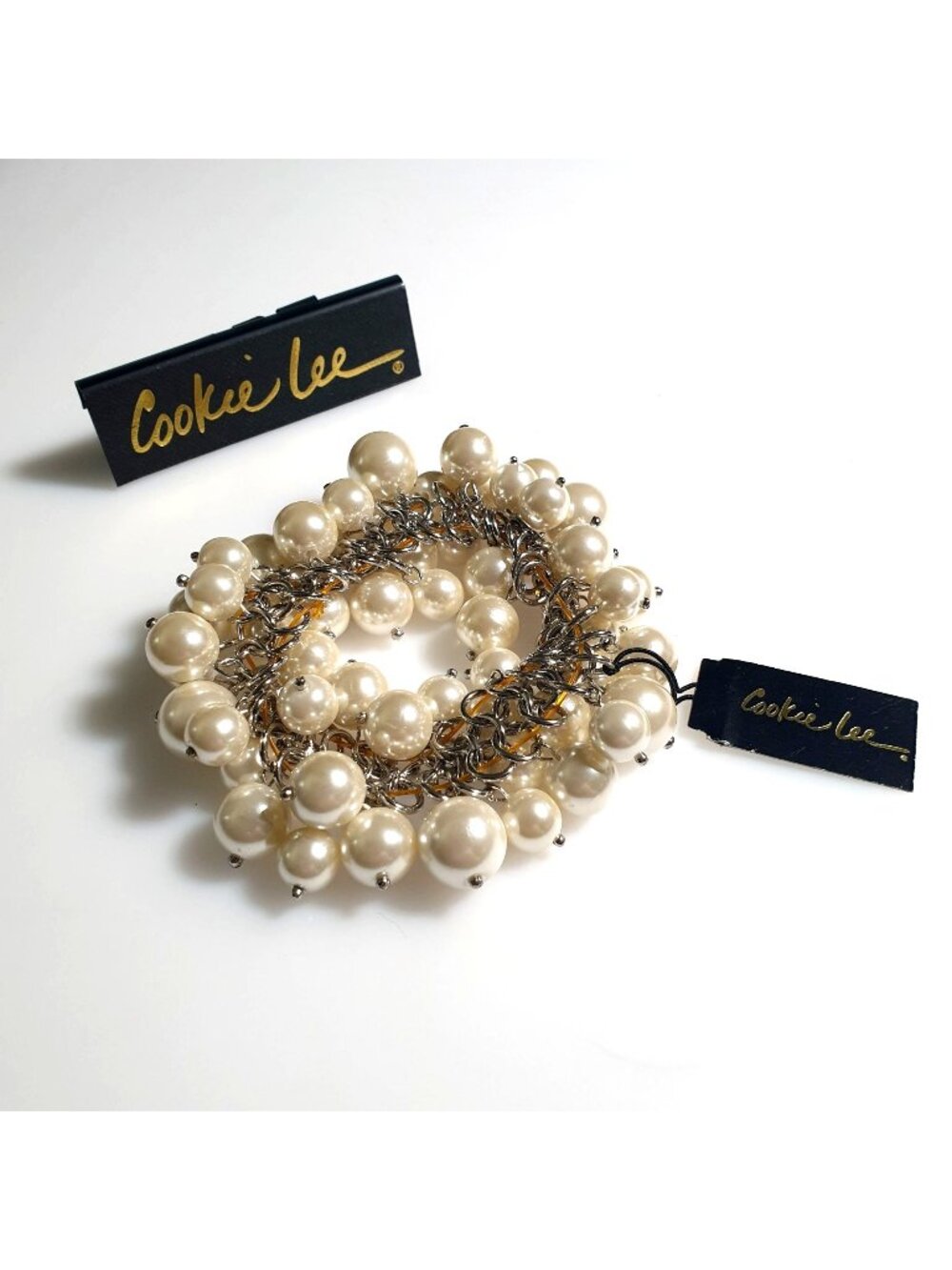 Cookie Lee Faux White Pearl Charm Stretch Bracelet Elegant Accessory Silver Tone